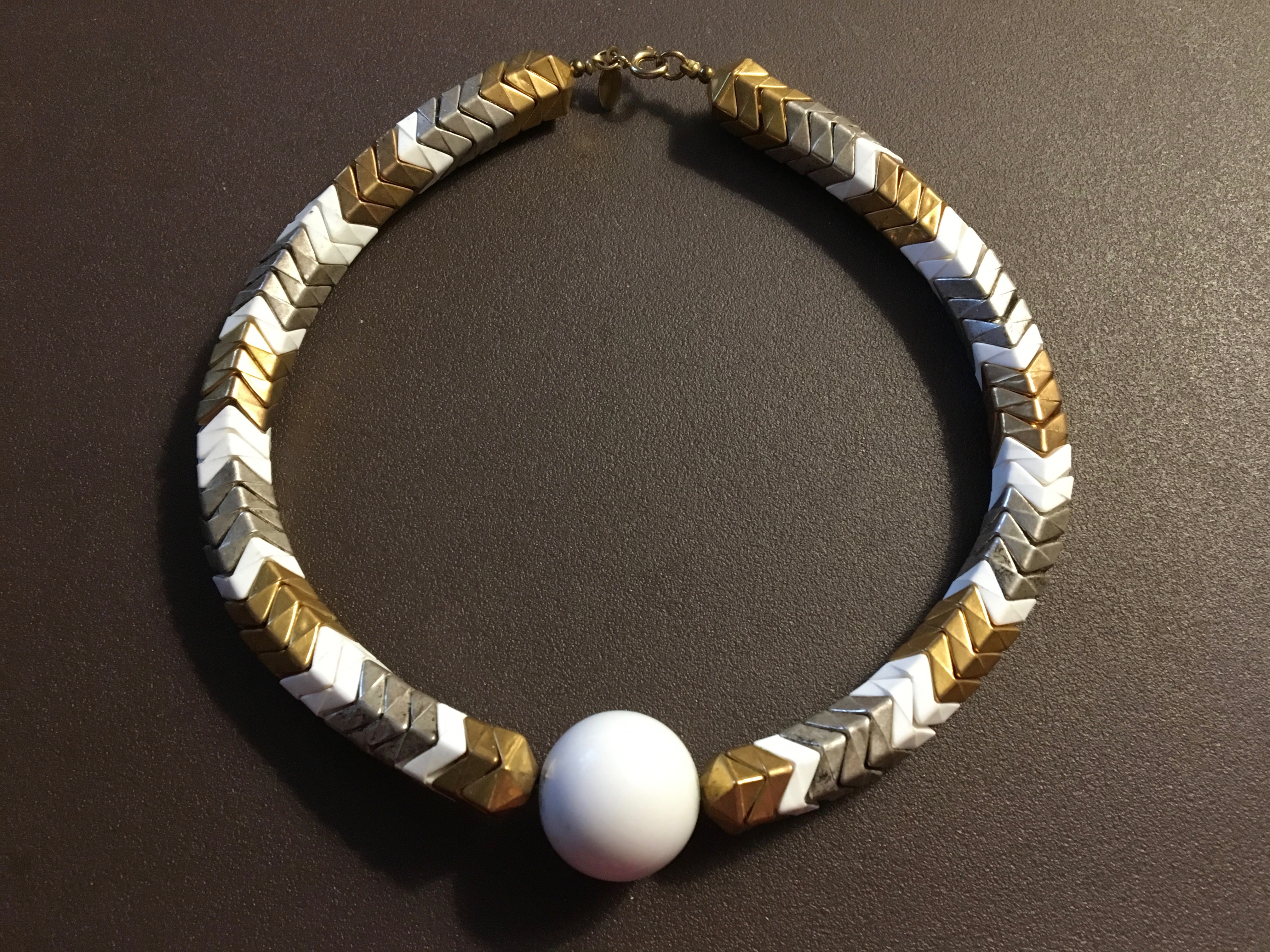 ACRYLIC & LUCITE - 1978 Cadoro Jewels Corporation Gold-plated, Copper, and White Enameled Beaded Choker Necklace
